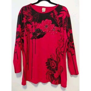 Jess & Jane Women's 3/4 Sleeve V-Neck Rhinestone Top Floral Red Black 2X